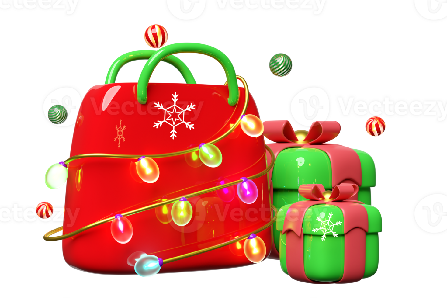 3d shopping paper bags with glass transparent lamp garlands, decorative ball, snowflake. merry christmas and happy new year, 3d render png