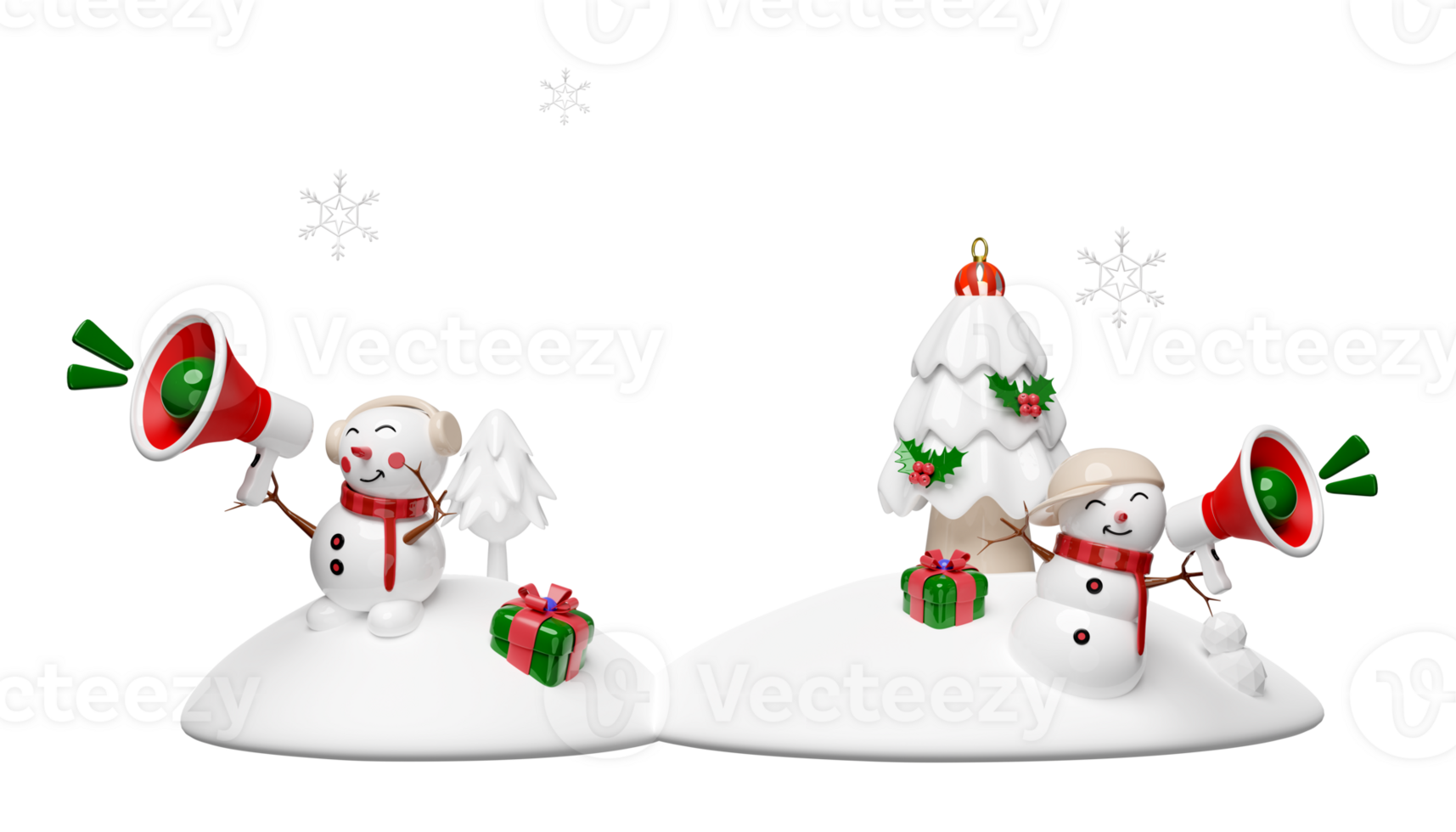 3d snowman and friend holds megaphone on snow hill with pine tree, gift box, snowflake. online shopping sale, merry christmas and happy new year, 3d render illustration png