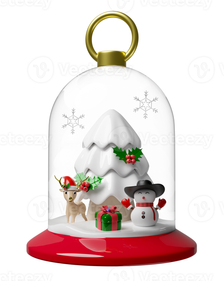 snow globe christmas decorative glass transparent with snowman, pine tree, reindeer, snowflake, gift box. merry christmas and happy new year, 3d render illustration png