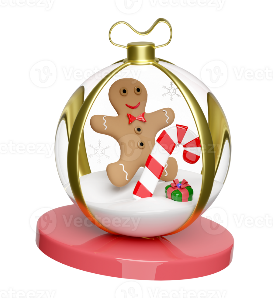 snow globe christmas decorative glass transparent with gingerbread man, candy cane, snowflake, gift box, podium. merry christmas and happy new year, 3d render illustration png