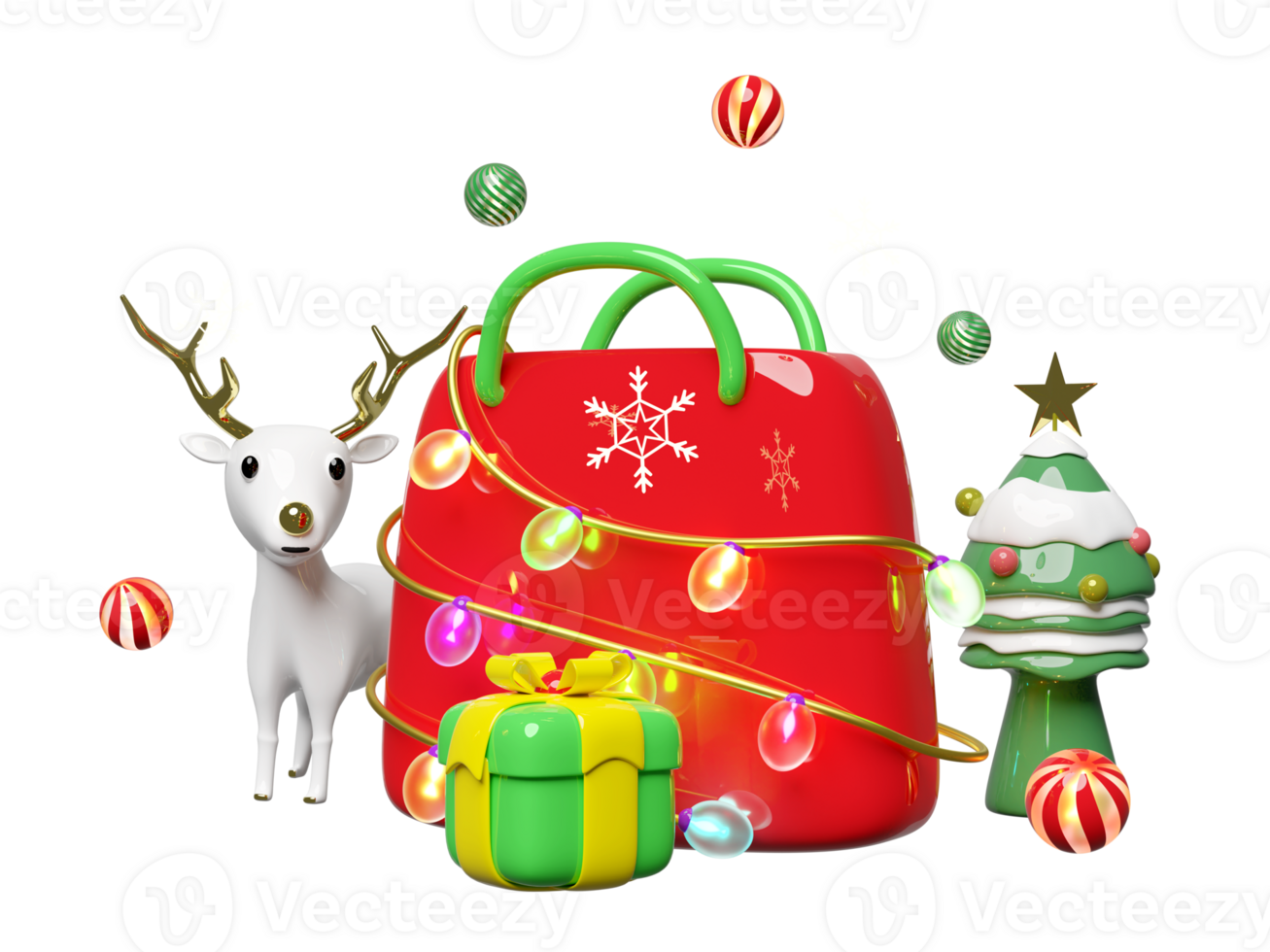 3d shopping paper bags with glass transparent lamp garlands, reindeer, decorative ball, snowflake, christmas tree, gift box. merry christmas and happy new year, 3d render png