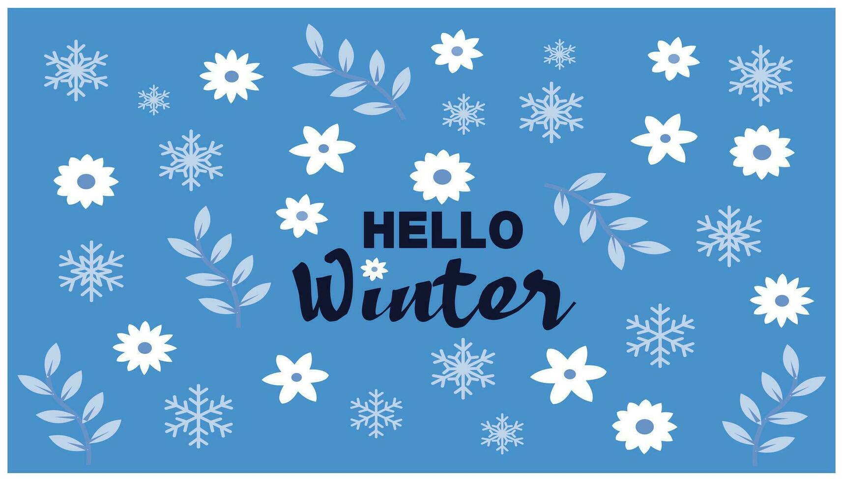 Hola invierno letras con flores y copos de nieve en azul antecedentes. eps10 vector