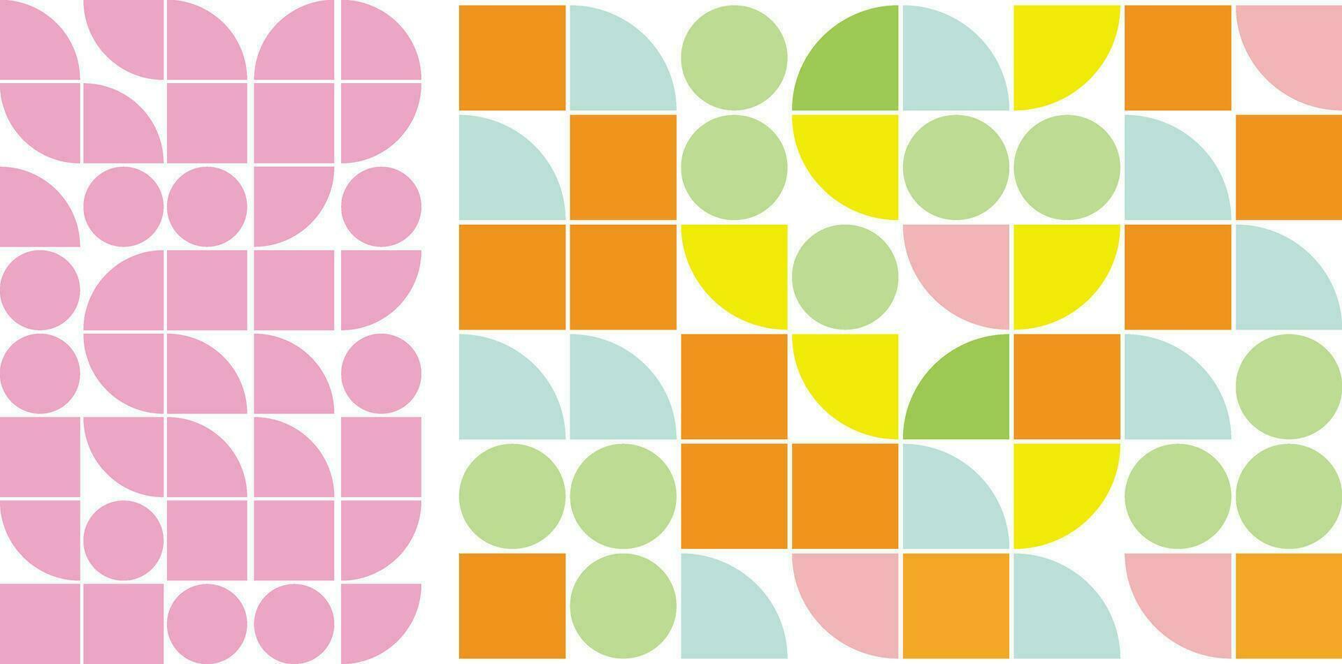 abstract geometric background with circles and squares in yellow, pink and green. Seamless vector pattern with circles and squares in yellow and blue