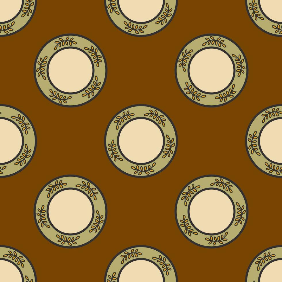 Seamless pattern with vintage plates. Brown background. Vector print