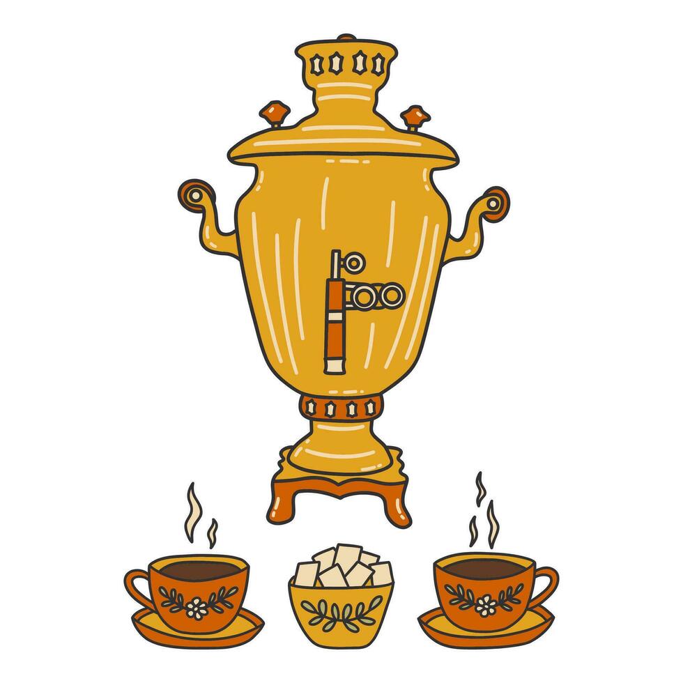 Samovar and two cups of tea, sugar. Vector