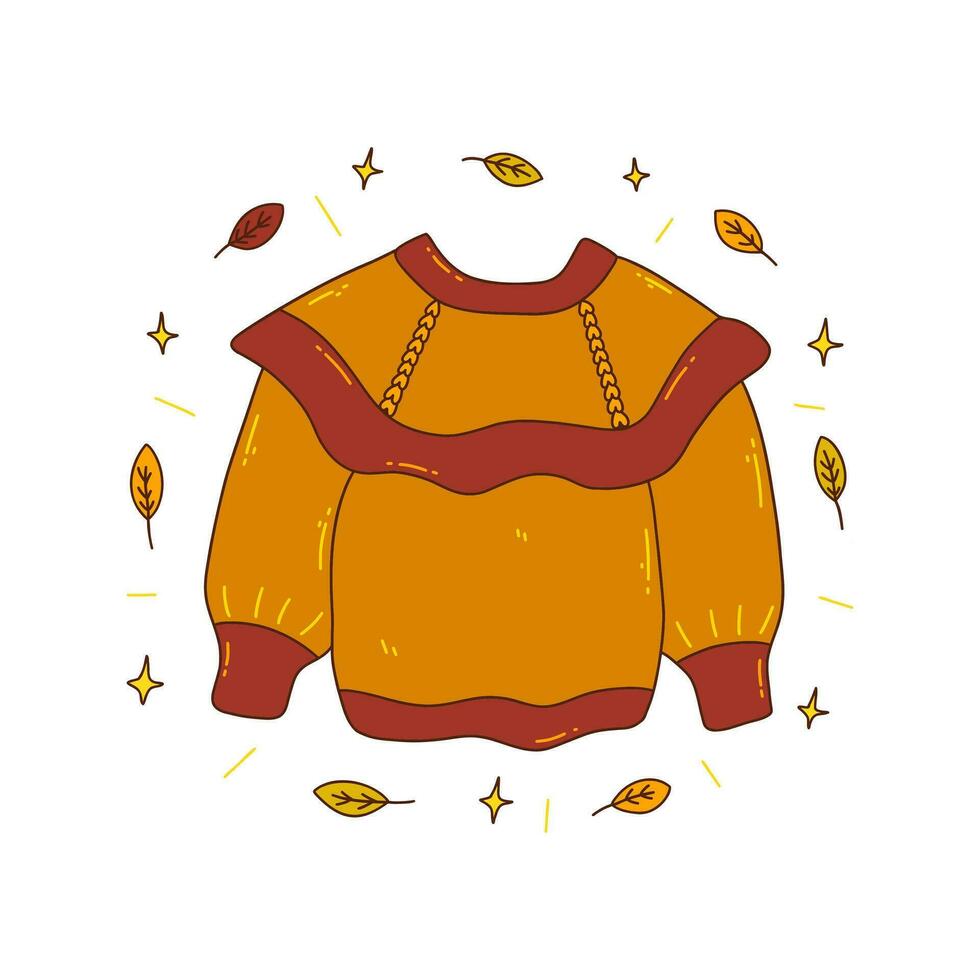 Cozy knitted sweater with autumn leaves. Vector