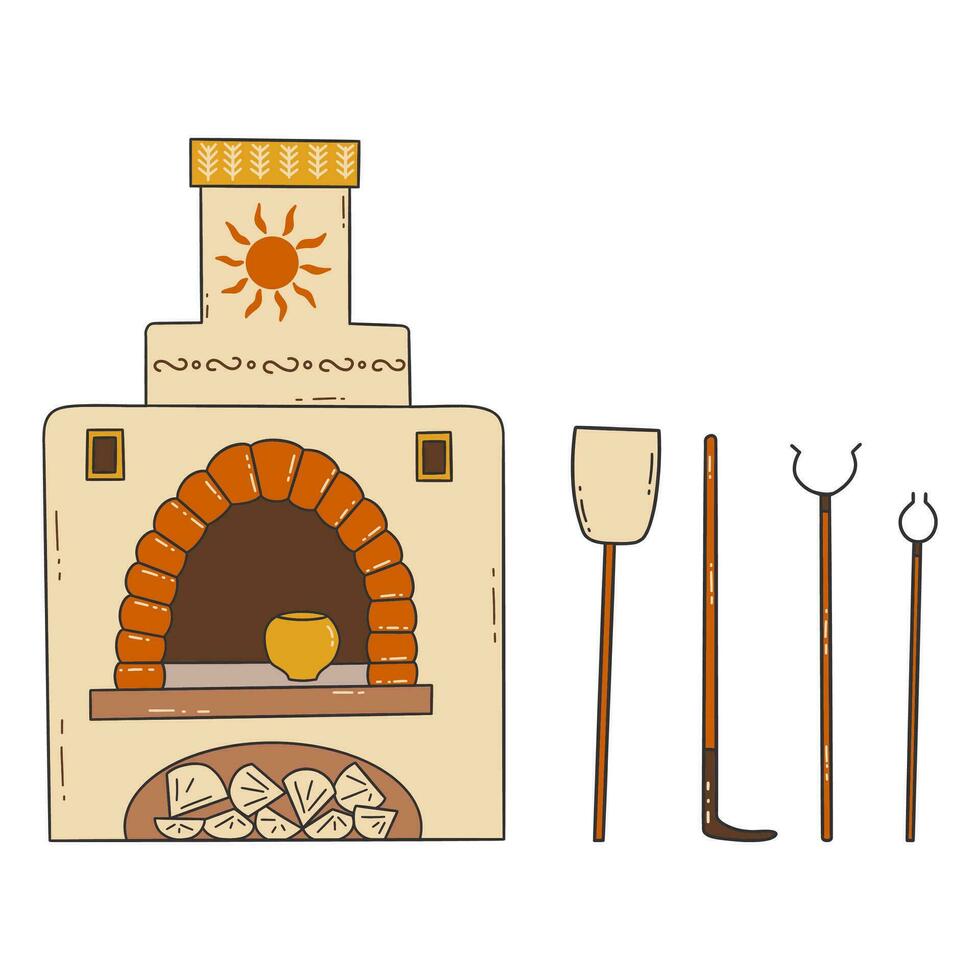 Russian stove with firewood and kitchen utensils. Vector