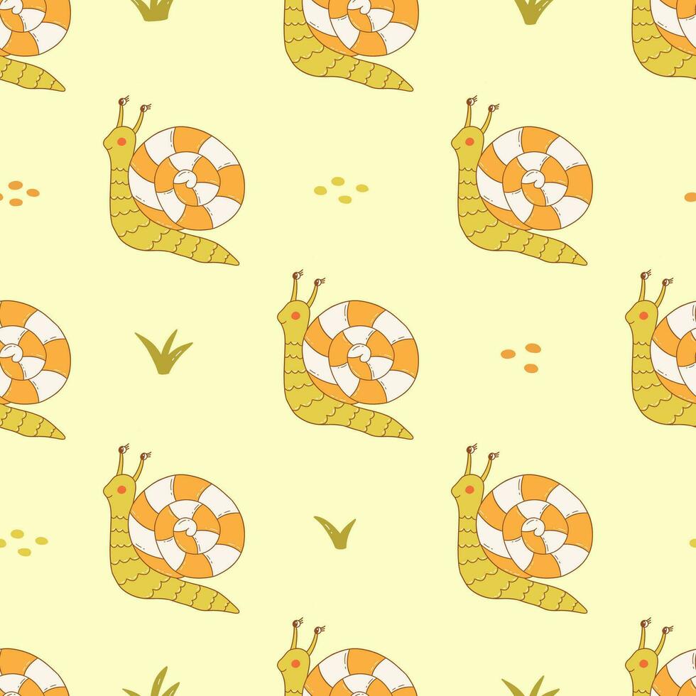 Seamless pattern. Cute snail in field among grasses. Vector
