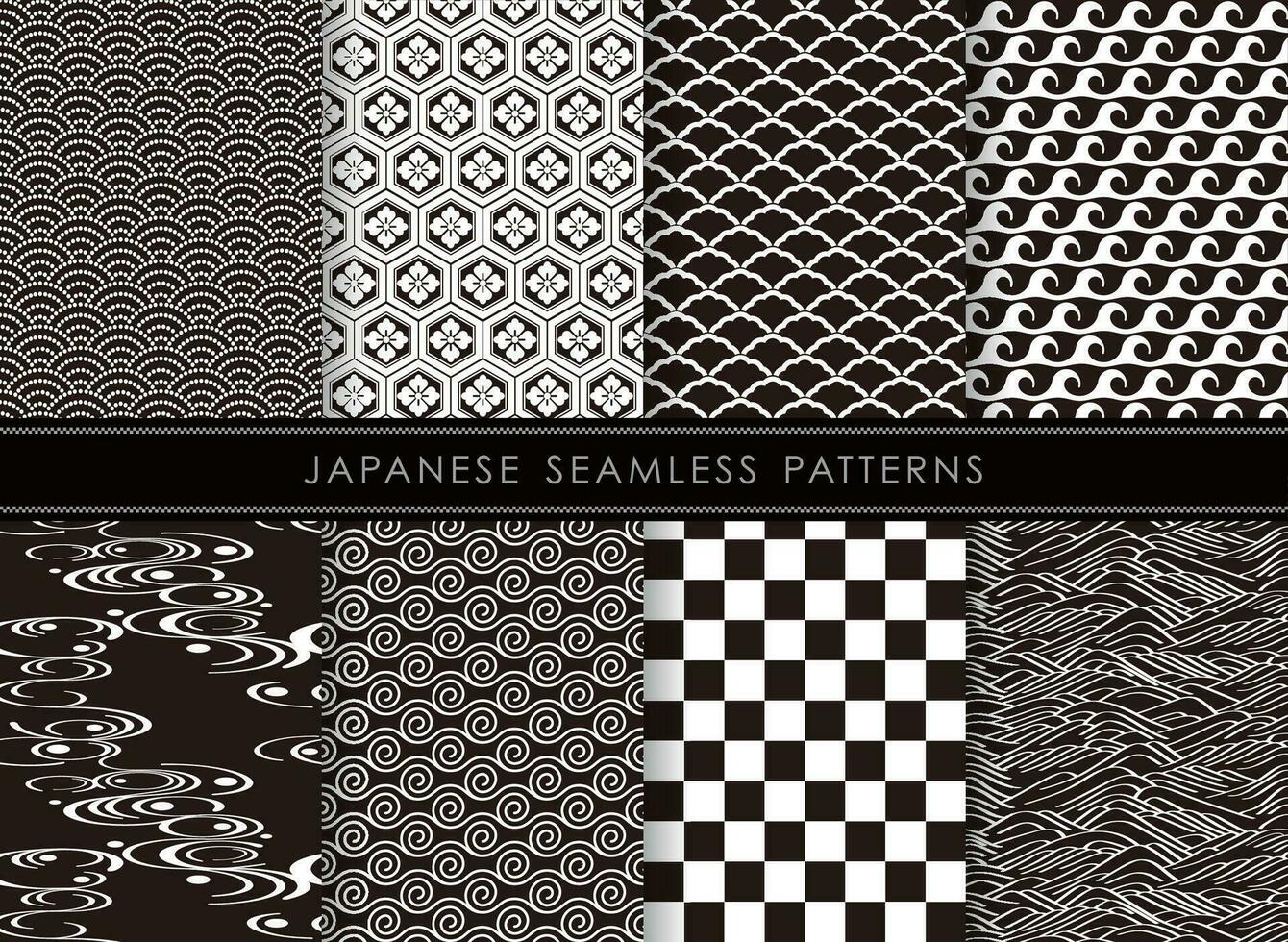 Vector Japanese Vintage Seamless Monochrome Pattern Set. All Patterns Are Both Horizontally And Vertically Repeatable.