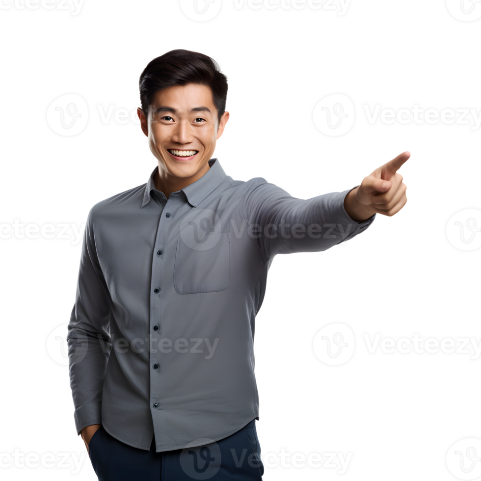 Asian man smiling and surprised pointing isolated. Concept of offers or promotions. AI Generated AI Generated png