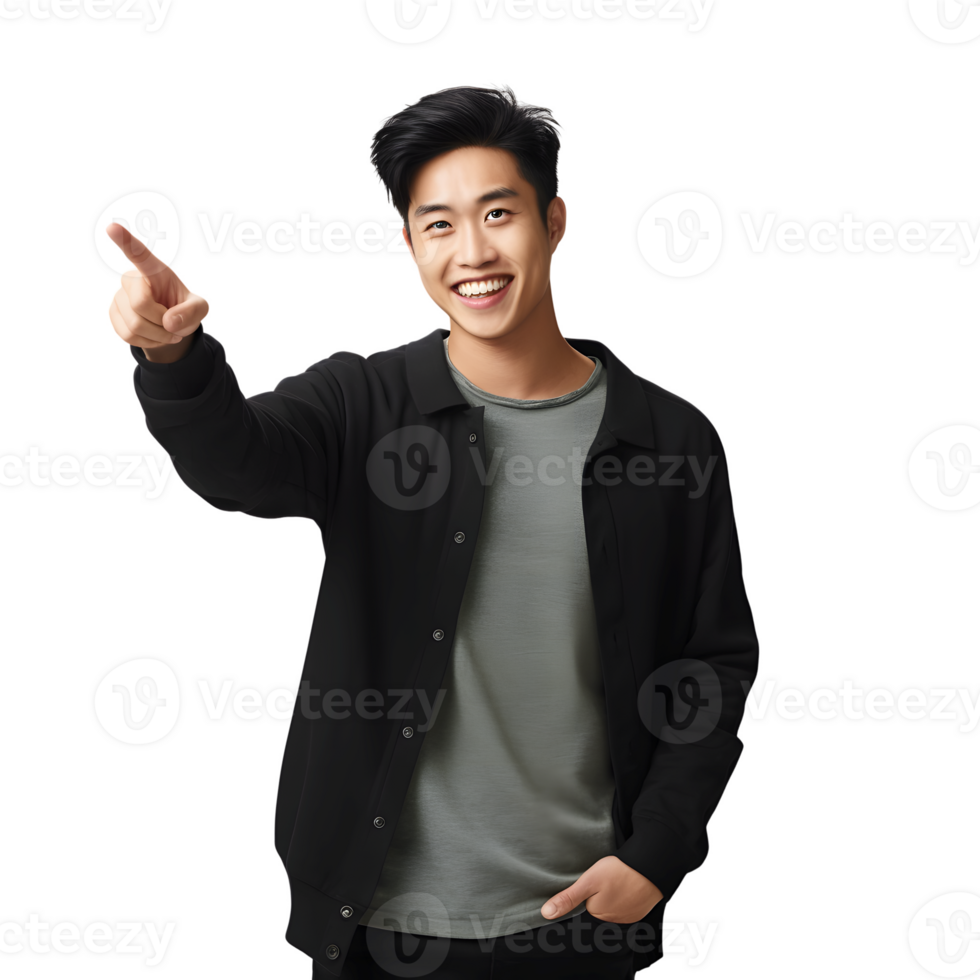 Asian man smiling and surprised pointing isolated. Concept of offers or promotions. AI Generated AI Generated png