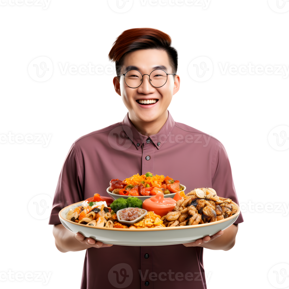 Asian man holding food with funny expression AI Generated AI Generated png