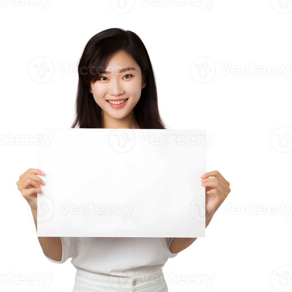 Smiling Asian person holding blank sheet of paper AI Generated AI Generated png