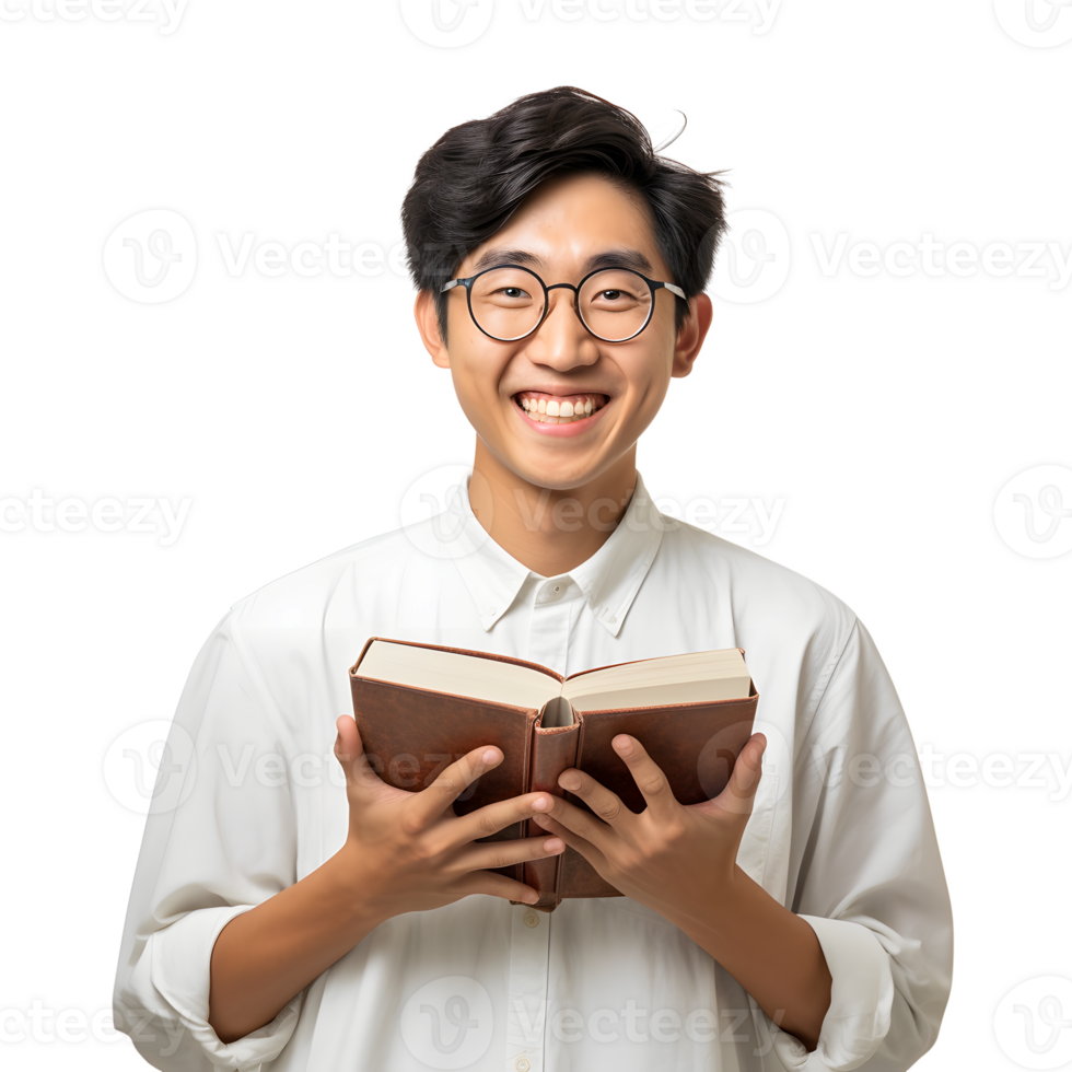 Asian man reading or holding a book. Isolated AI Generated AI Generated png