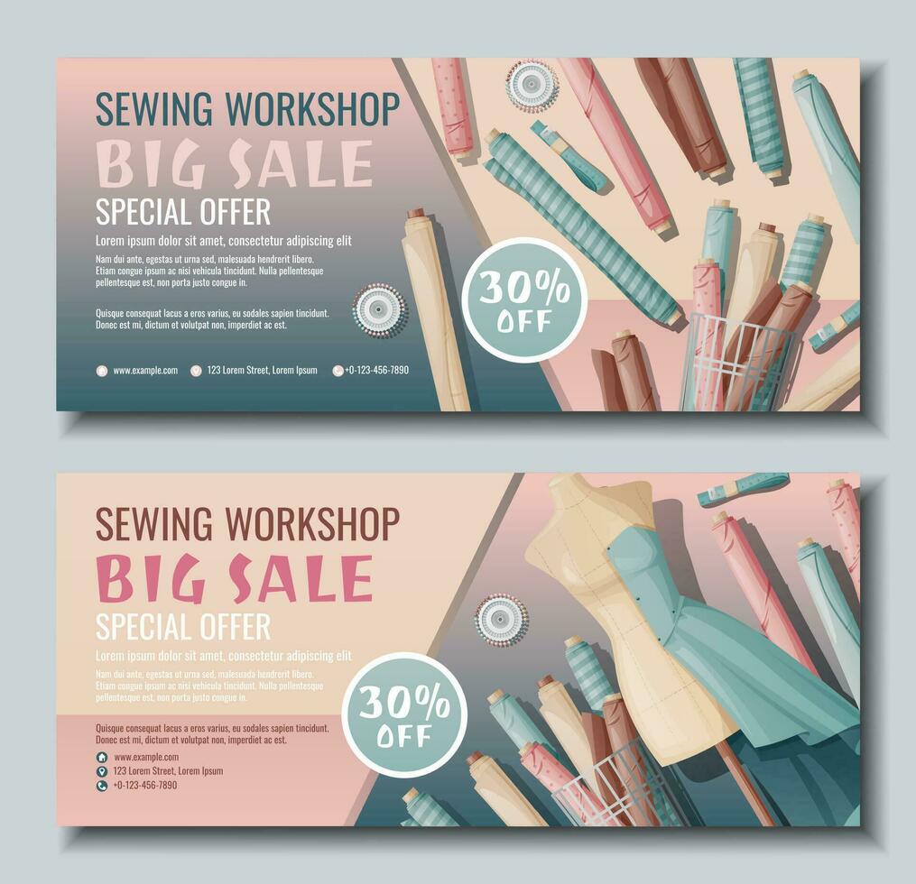 Set of banner templates for sewing workshop. Discount coupon with sewing items. Mannequin and fabric. Poster for sewing courses, schools, shops, ateliers. Discounts on products vector