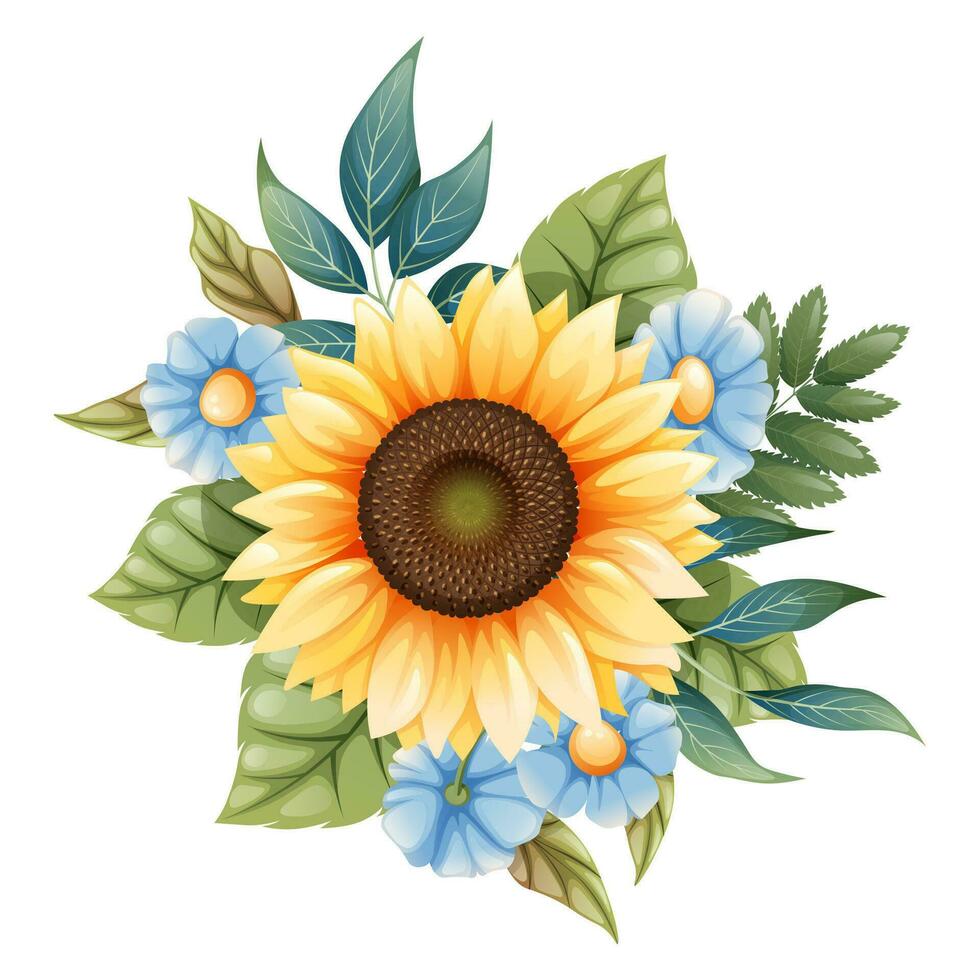 Floral arrangement of sunflowers and blue forget-me-nots on an isolated background. Bouquet of wild and agricultural flowers. vector