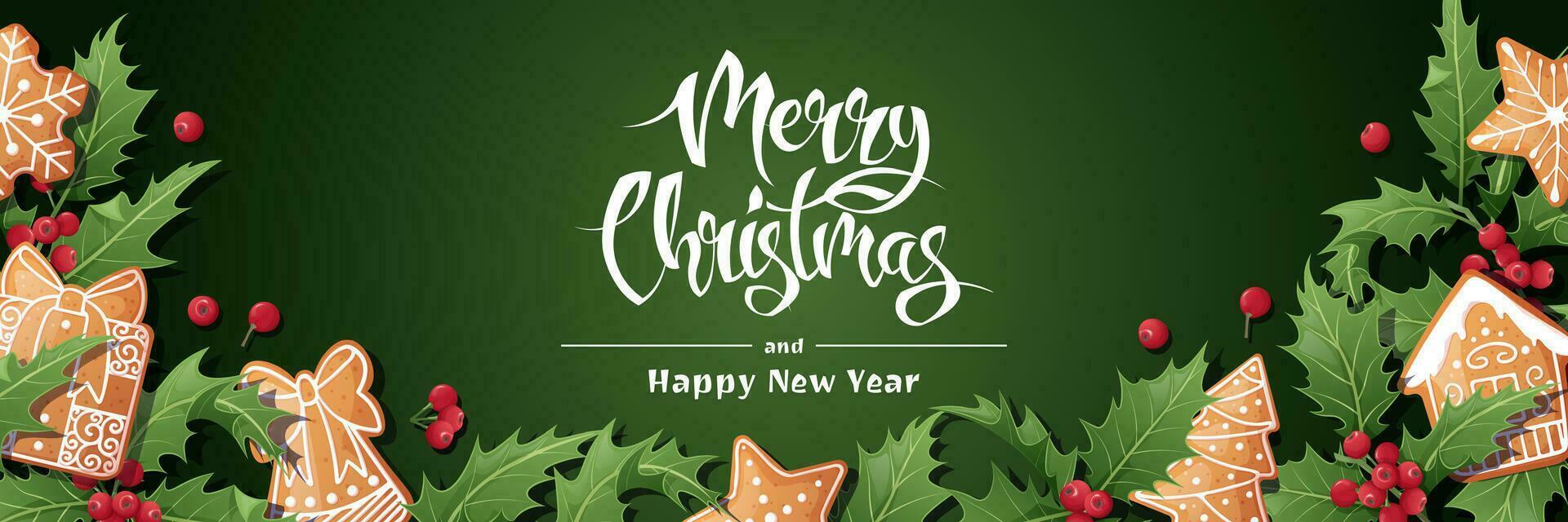 Festive banner with holly, berries and gingerbread cookies. Christmas background with gingerbread. Suitable for greeting cards, banners, posters, flyers for New Year and Christmas vector