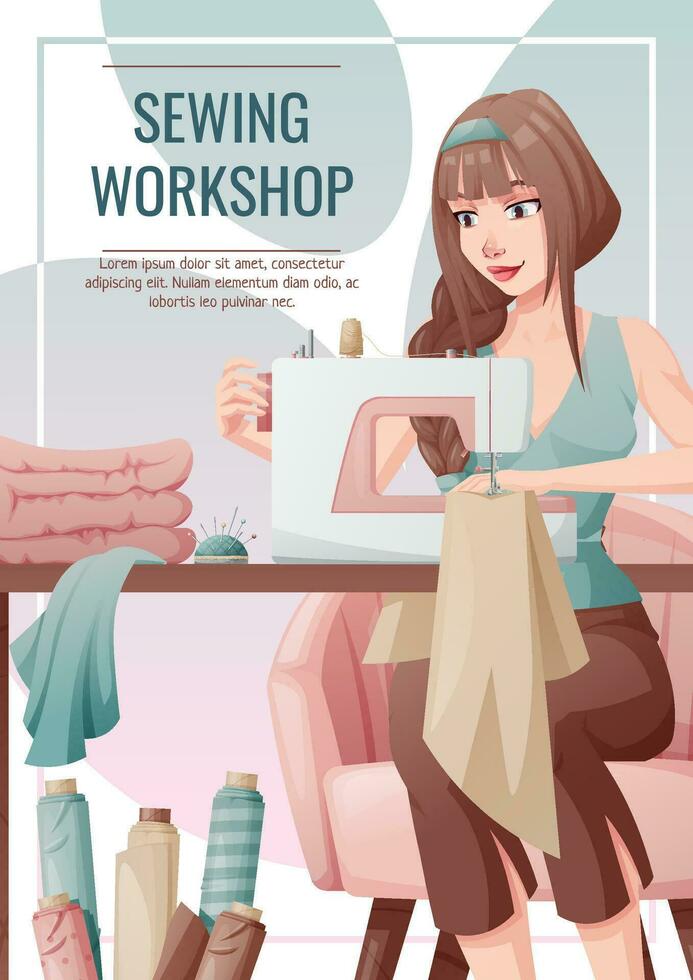 Flyer design with seamstress. Banner poster with a girl creating clothes on a sewing machine. Work in a sewing workshop, atelier, tailoring courses. vector