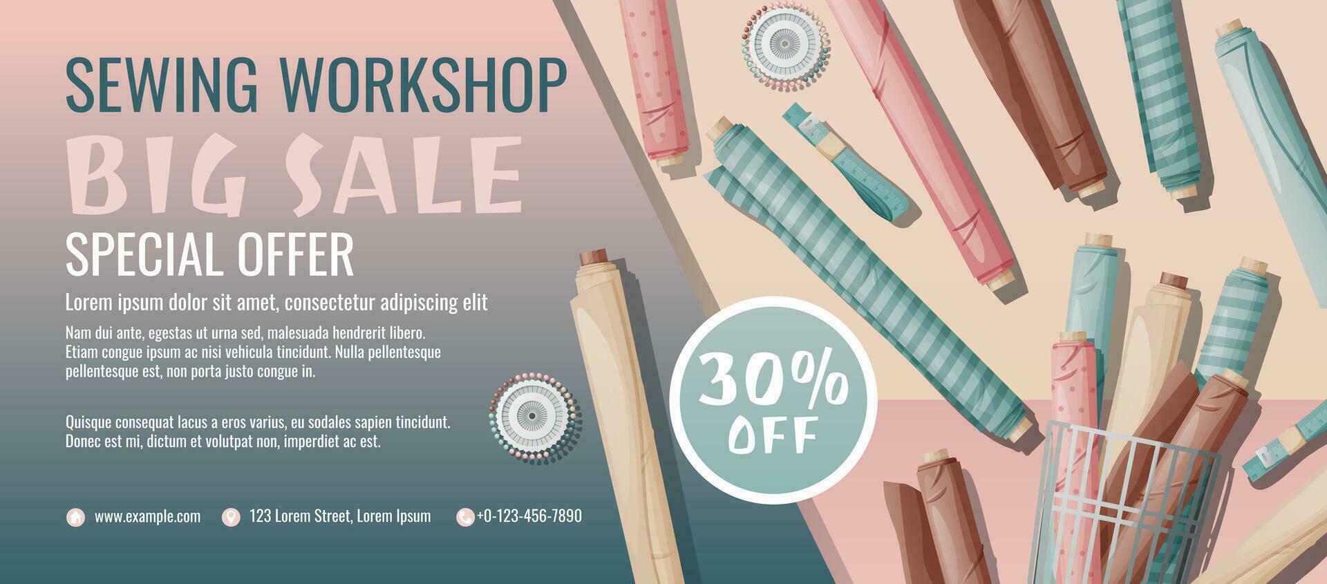 Banner template for sewing workshop. Discount coupon with sewing items. Mannequin and fabric. Poster for sewing courses, schools, shops, ateliers. Discounts on products. vector