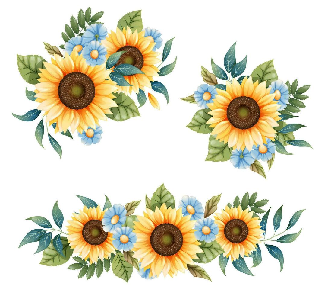 Floral arrangement of sunflowers and blue forget-me-nots on an isolated background. Bouquet of wild and agricultural flowers vector