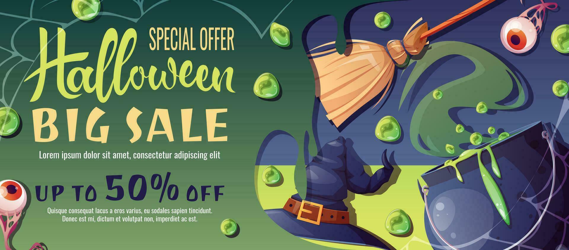 Discount banner design with witch s cauldron, broom and hat. Halloween sale, discount voucher. Template for banner, poster, flyer, advertisement.. vector