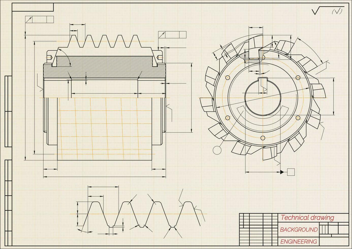 Mechanical engineering drawings on beige technical paper background. Cutting tools, milling cutter. Industrial Design. Cover. Blueprint. Business business. Vector illustration.