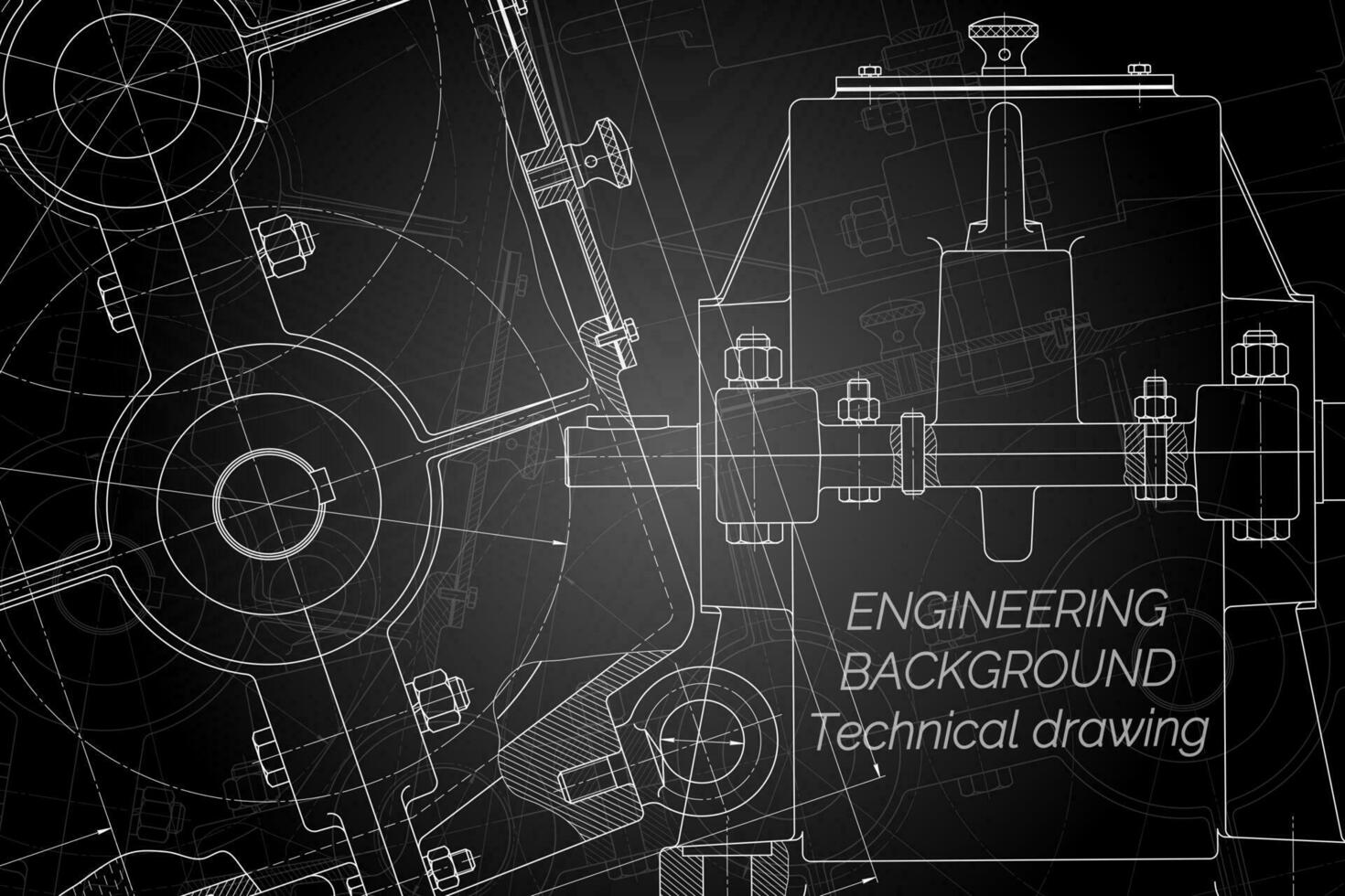 Mechanical engineering drawings on black background. Reducer. Technical Design. Cover. Blueprint. Vector illustration.