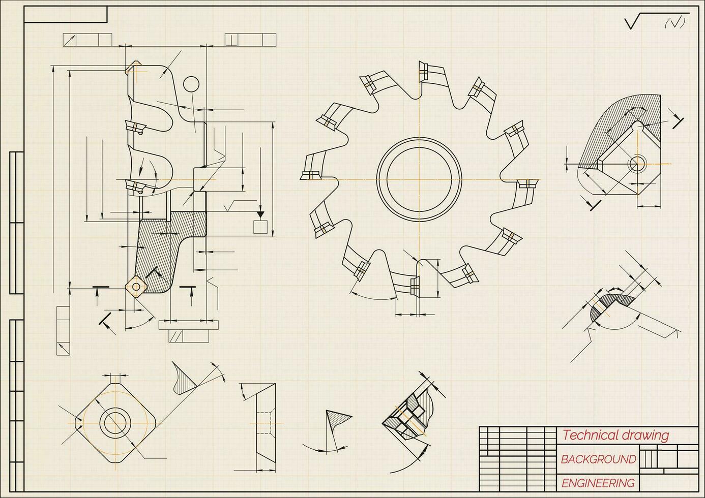 mecánico Ingenieria dibujos en beige técnico papel antecedentes. corte herramientas, molienda cortador. industrial diseño. cubrir. Plano. negocio negocio. vector ilustración.