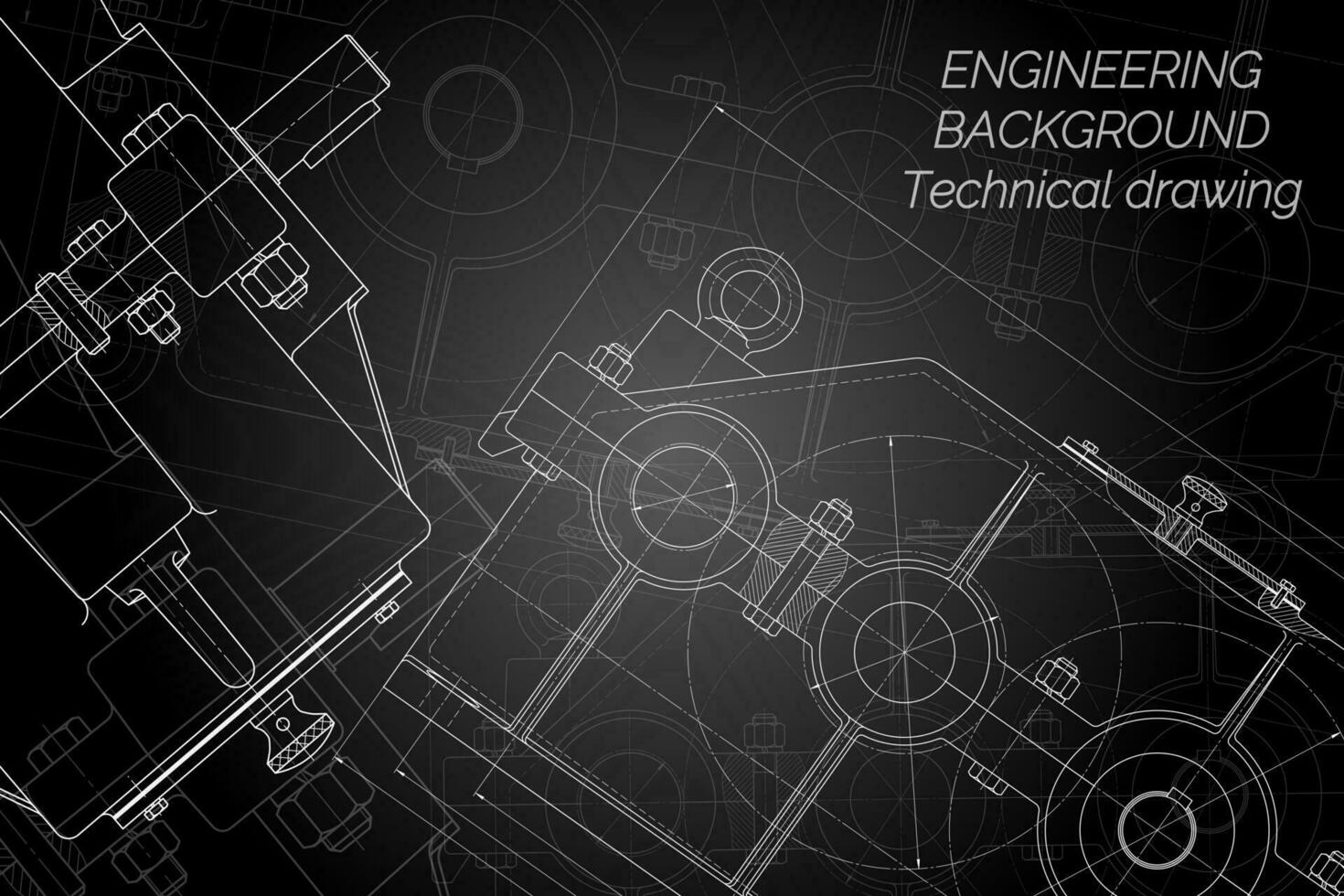 Mechanical engineering drawings on black background. Reducer. Technical Design. Cover. Blueprint. Vector illustration.