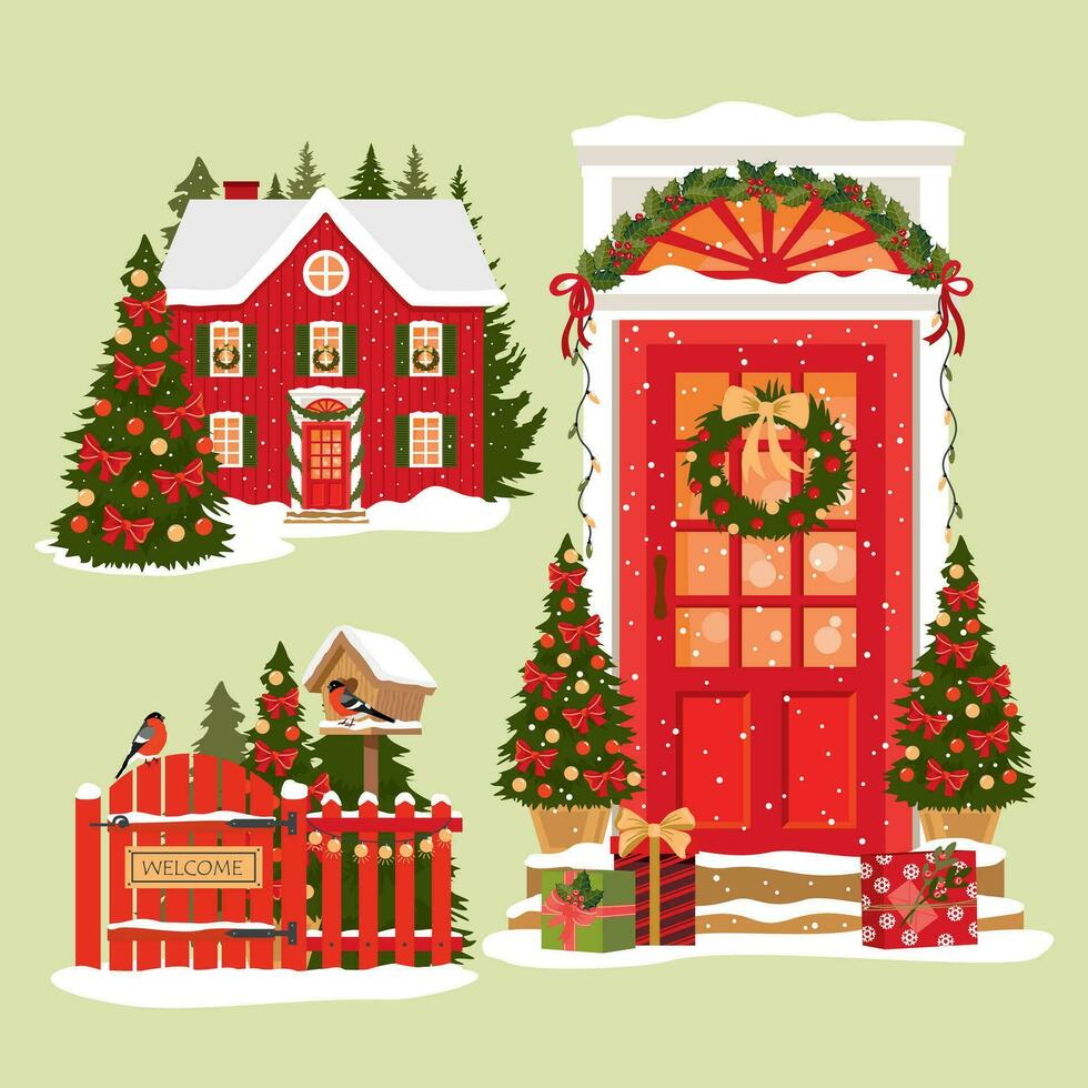 Christmas elements set. A red two-storey house with garlands. Decorated front door with gifts. A fence with a birdhouse and red crested birds. Illustrated vector clipart.