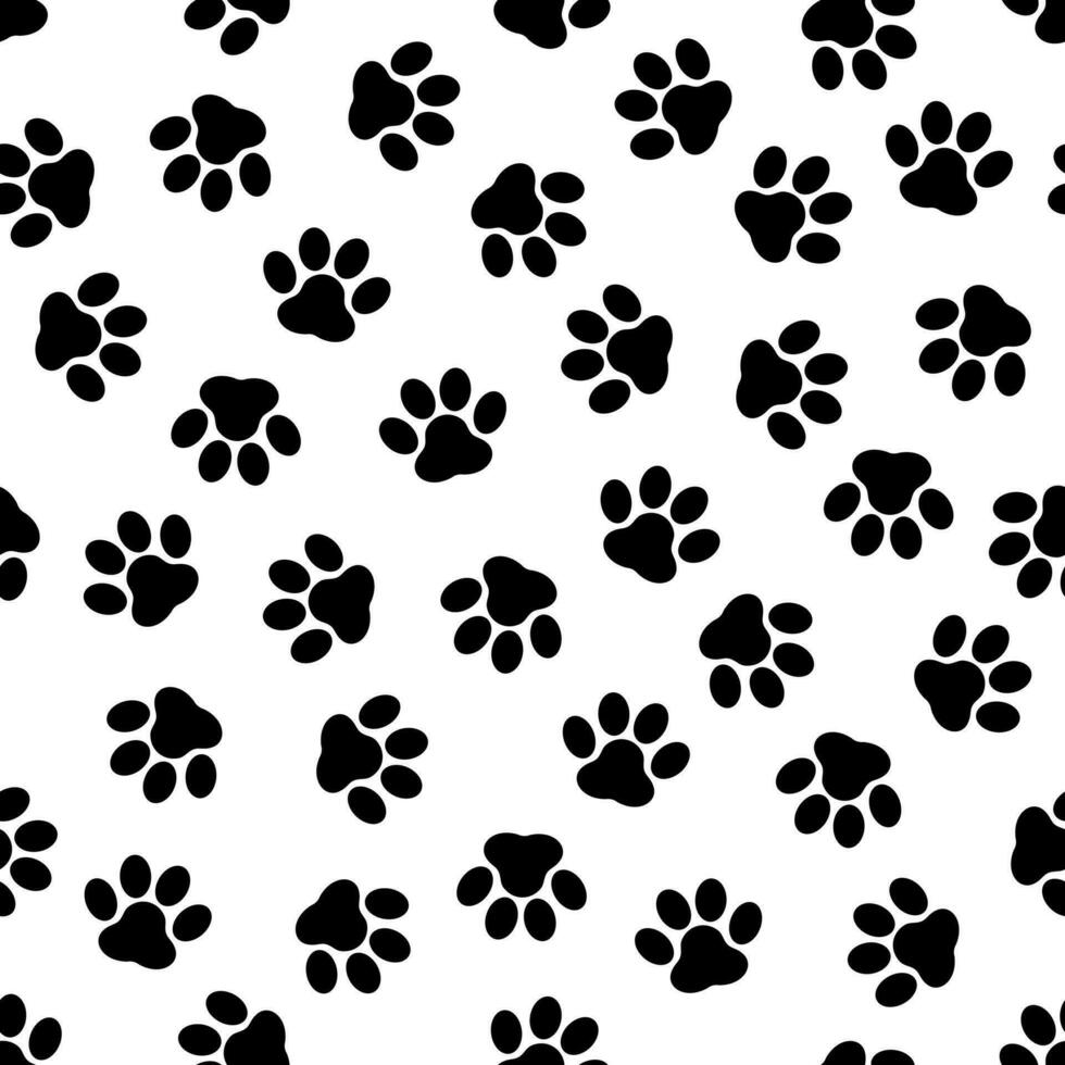 Traces of a pet seamless pattern in black and white. Seamless pattern with a silhouette of paws. Illustrated vector clipart.