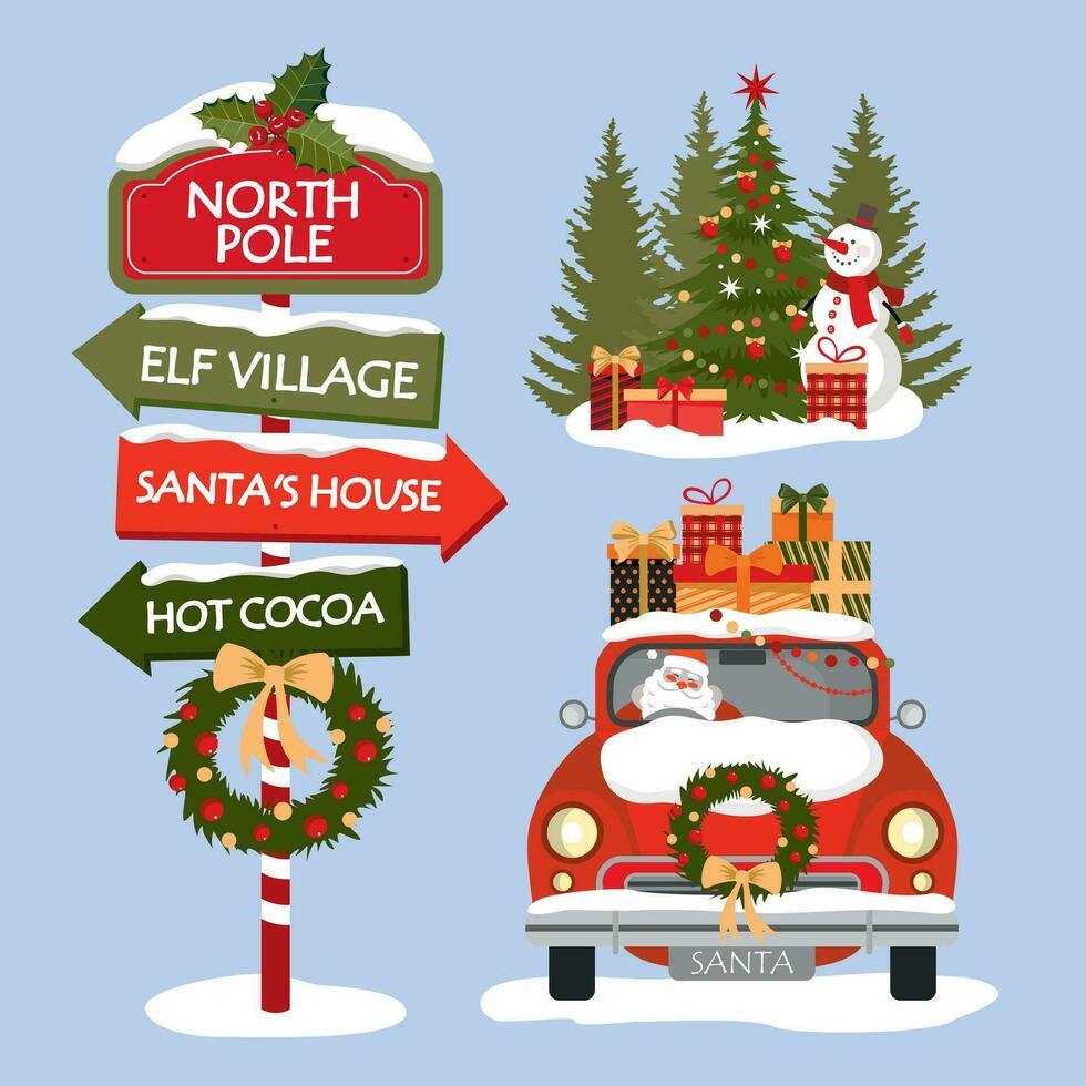 Navidad elementos colocar. Papa Noel entrega regalos en un rojo coche. la carretera firmar con flechas un monigote de nieve cerca un decorado Navidad árbol. ilustrado vector clipart.