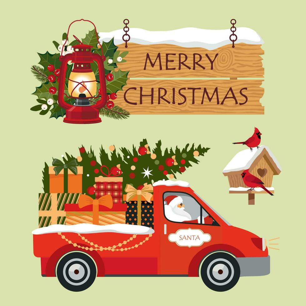 Christmas elements set. Santa's car delivers gifts in the trunk. Wooden hanging sign Merry Christmas. Red birds on a snow-covered birdhouse. Illustrated vector clipart.