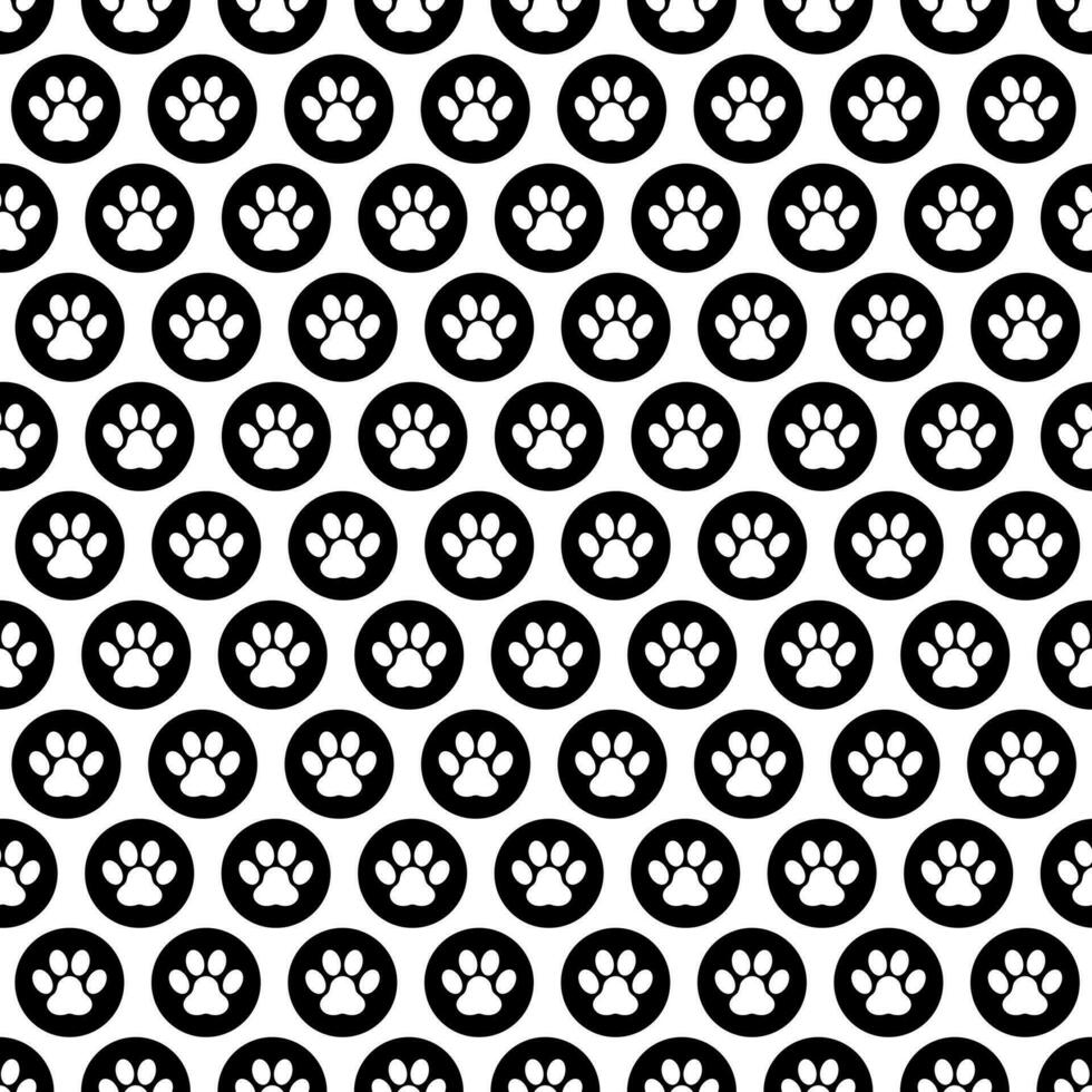 Pet footprints seamless pattern in black and white. Seamless pattern with a silhouette of paws in a circle. Illustrated vector clipart.