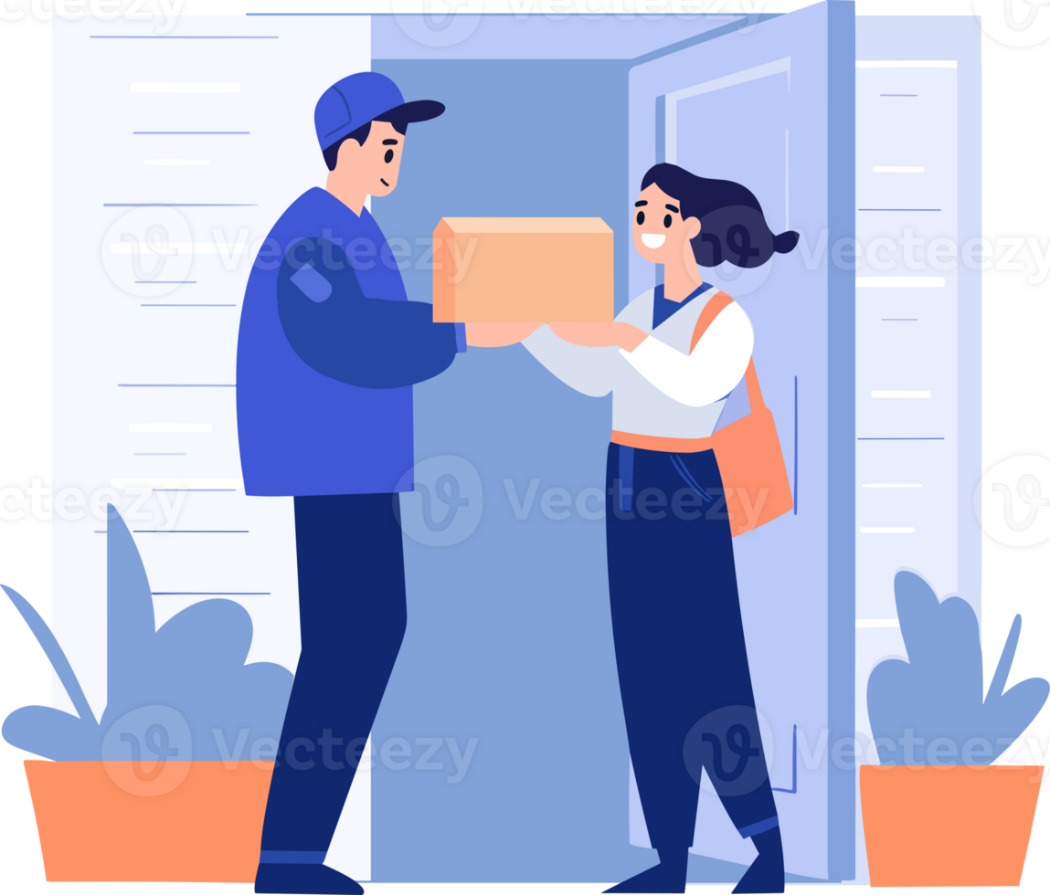 Hand Drawn a delivery man is delivering a package to a customer in flat style png