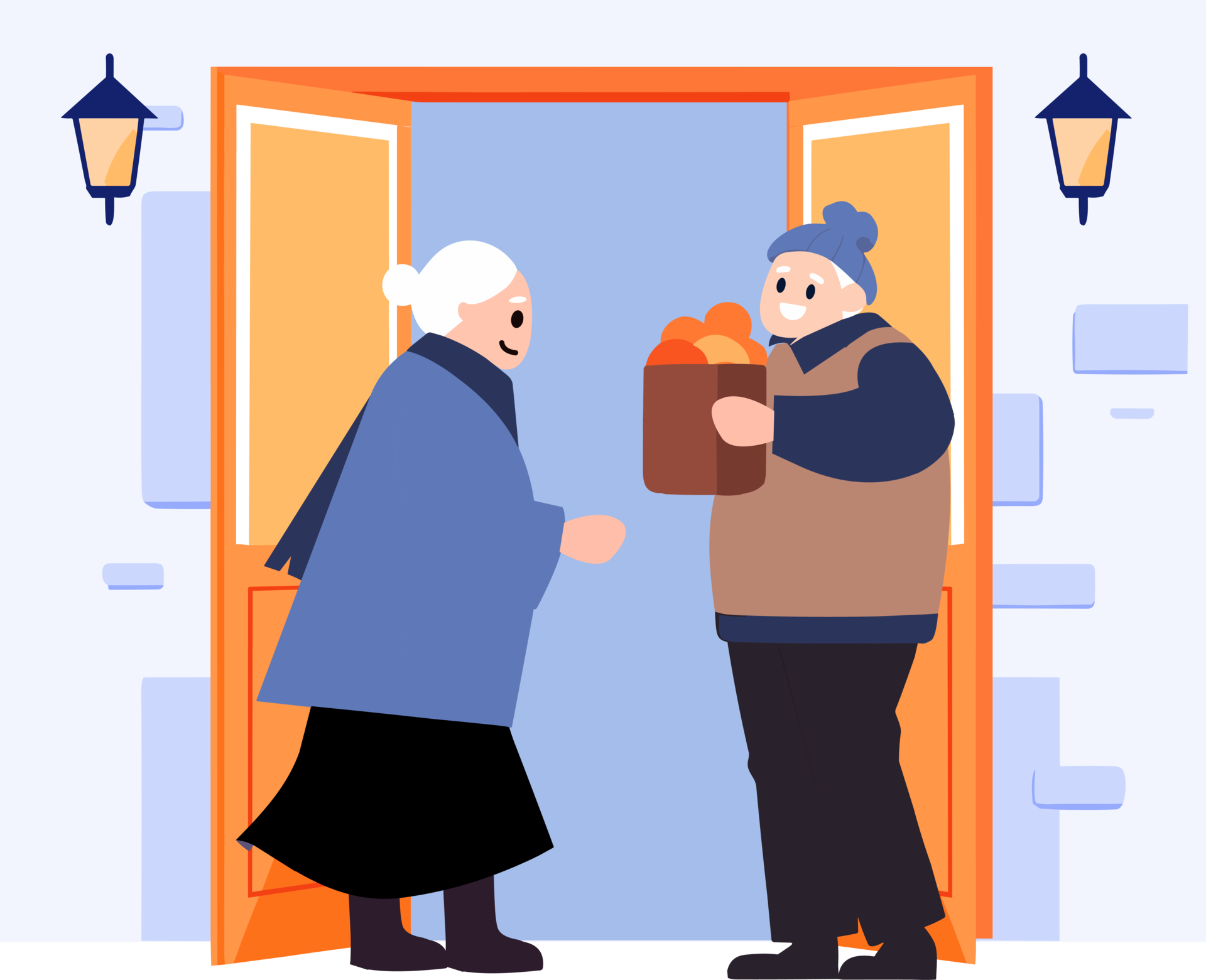 Hand Drawn Elderly People Talking In Front Of The House In Flat Style hand-drawn-elderly-people-talking-in-front-of-the-house-in-flat-style