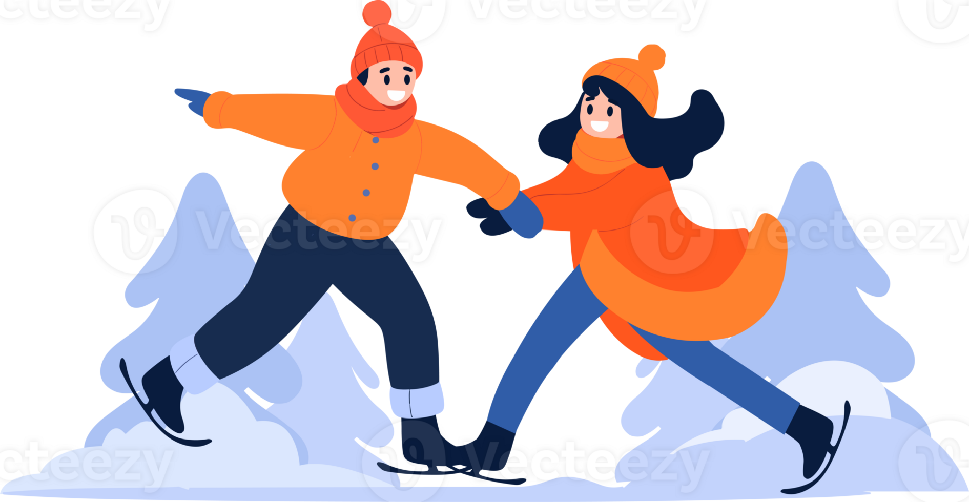 Hand Drawn couple character playing ice skating in winter in flat style png