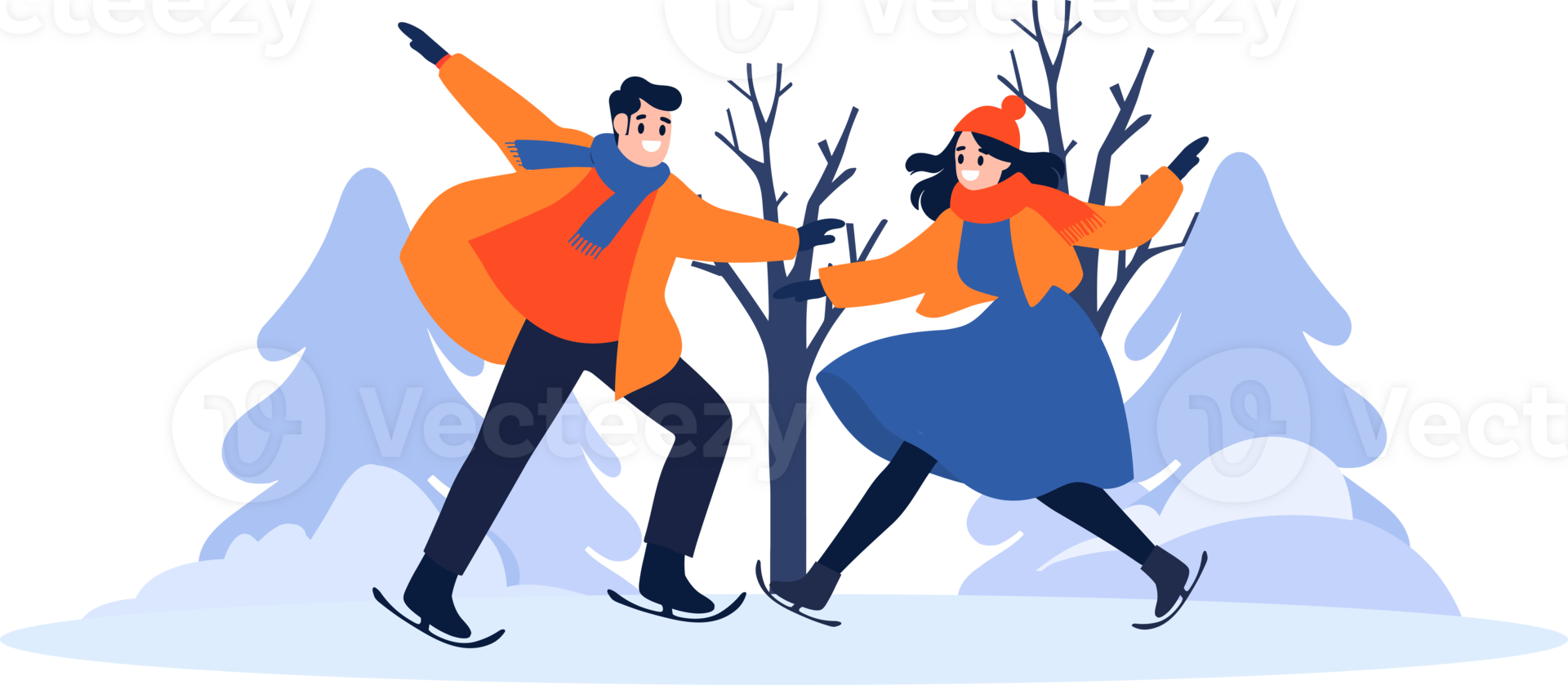 Hand Drawn couple character playing ice skating in winter in flat style png