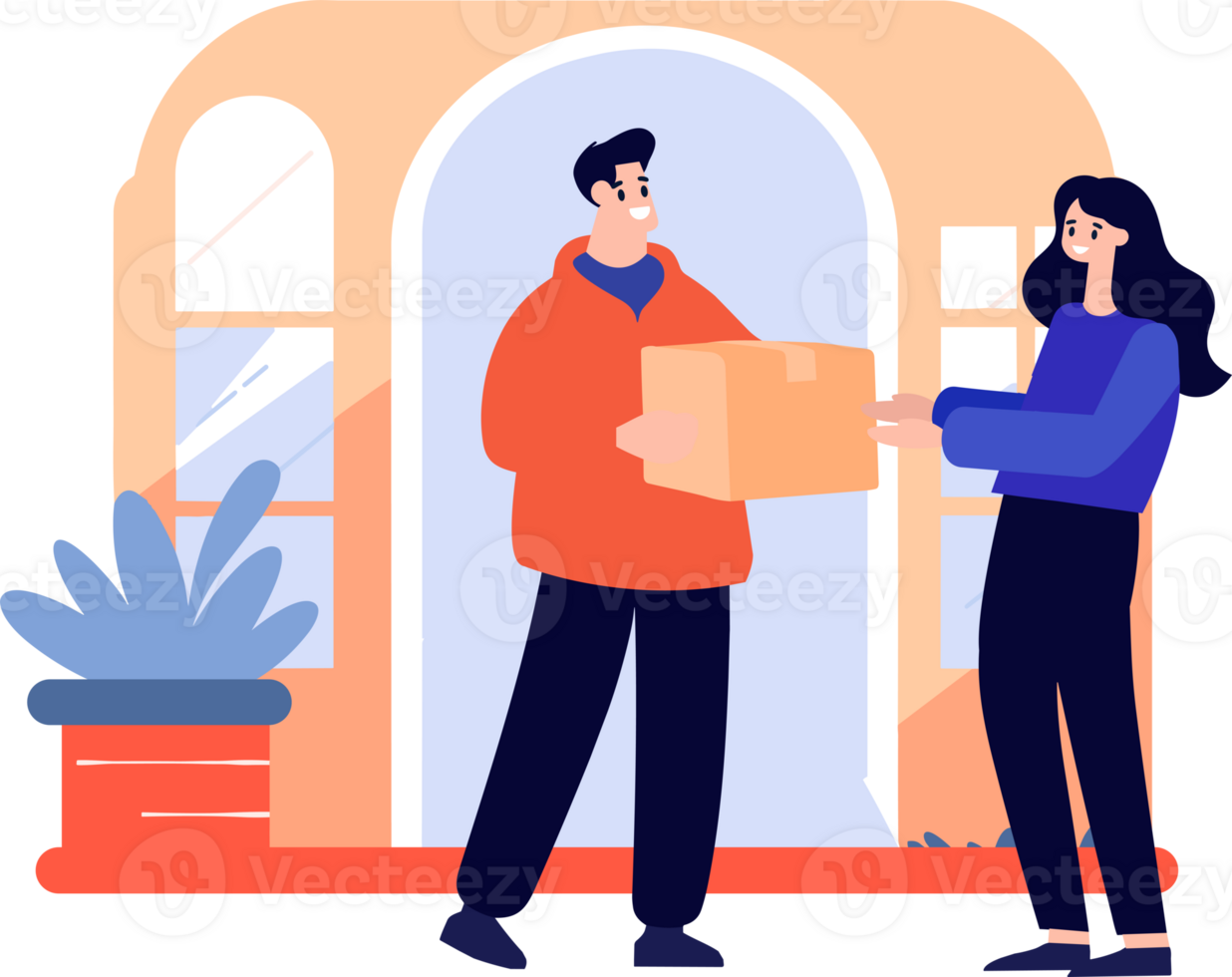 Hand Drawn a delivery man is delivering a package to a customer in flat style png