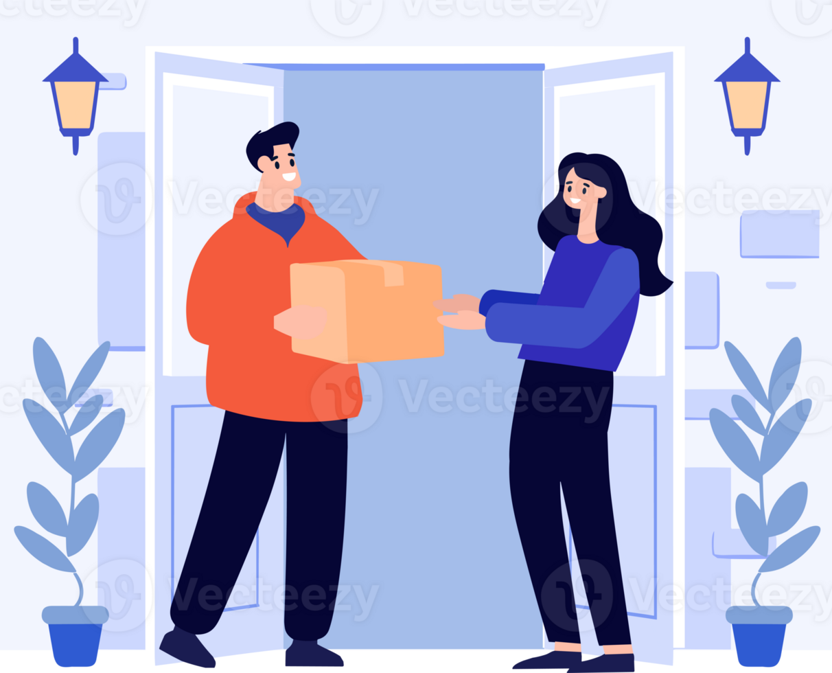 Hand Drawn a delivery man is delivering a package to a customer in flat style png