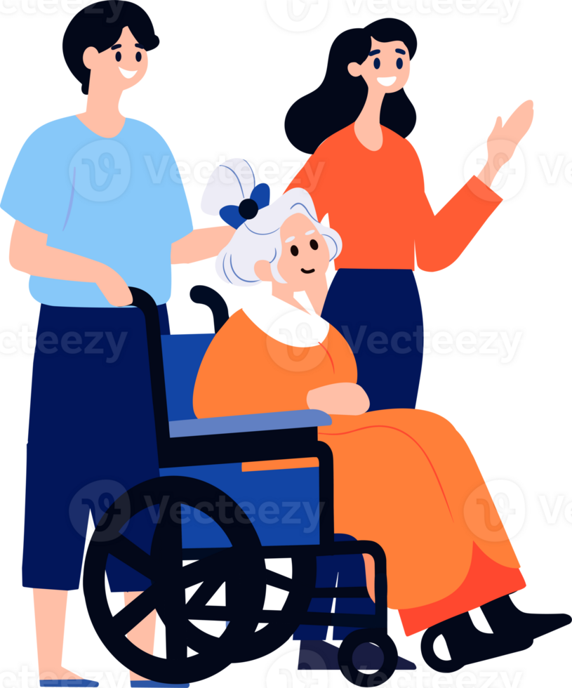 Hand Drawn Elderly person sitting in a wheelchair and child in flat style png