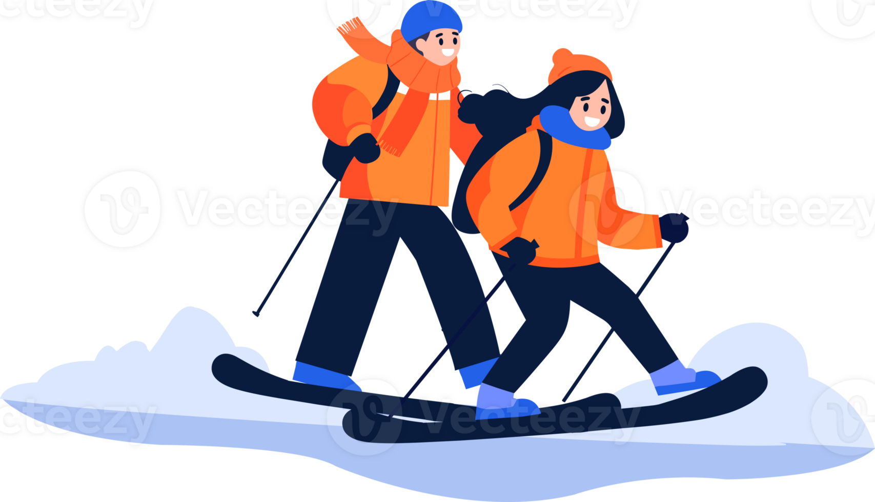 Hand Drawn couple character playing ice skating in winter in flat style png