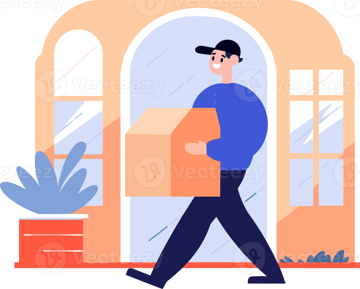 Hand Drawn a delivery man is delivering a package to a customer in flat style png