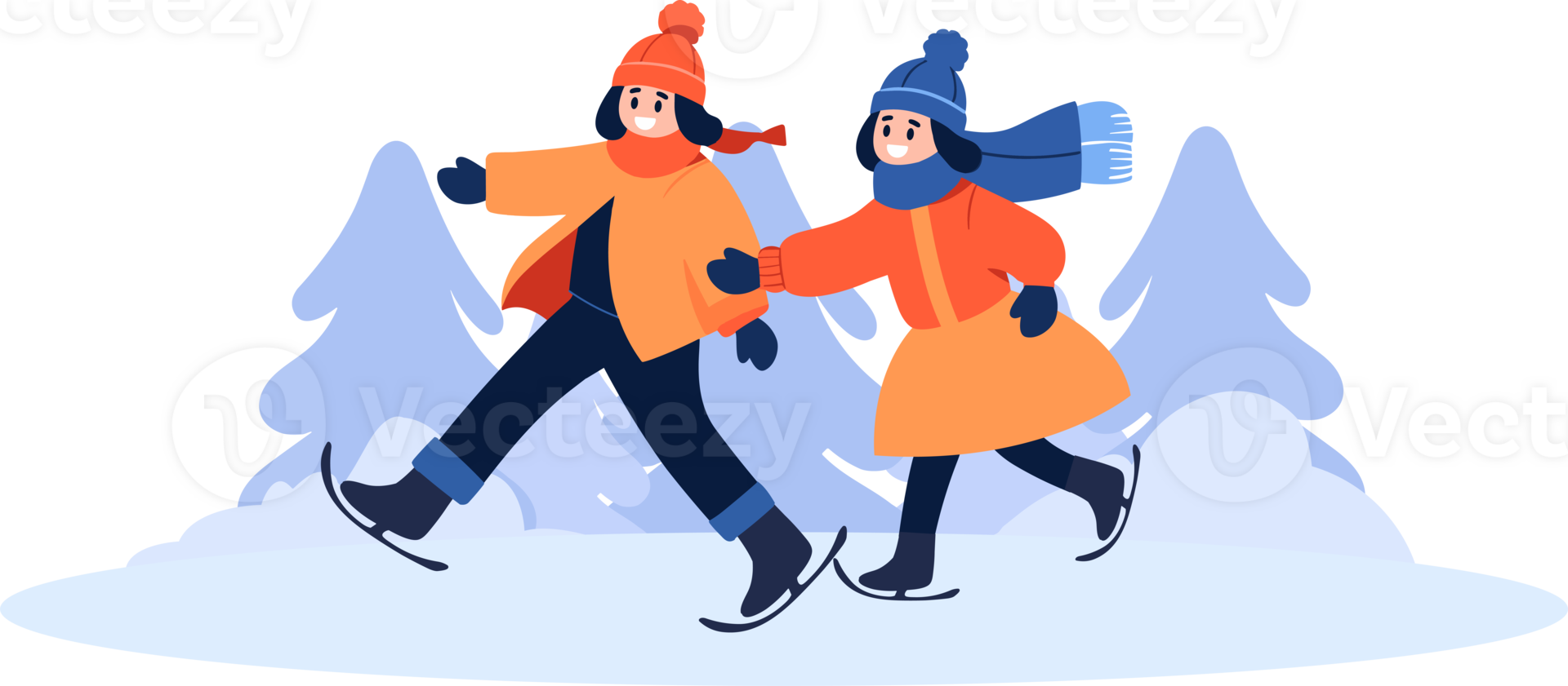 Hand Drawn couple character playing ice skating in winter in flat style png