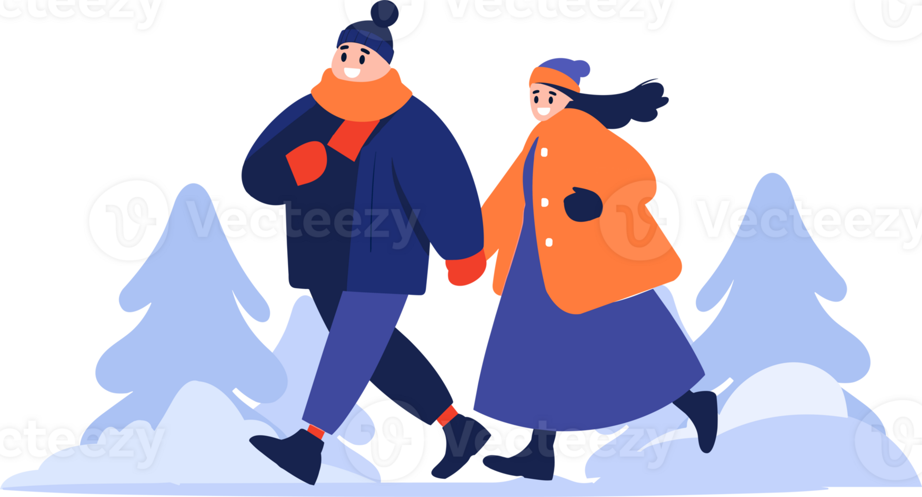 Hand Drawn couple wearing winter clothing walks on a path filled with snow in flat style png