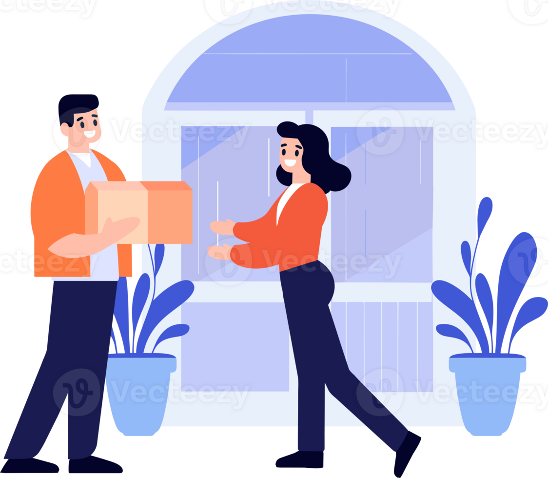 Hand Drawn a delivery man is delivering a package to a customer in flat style png