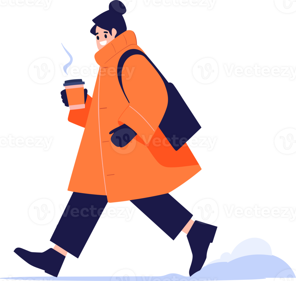 Hand Drawn A man wearing winter clothing walks on a path filled with snow in flat style png