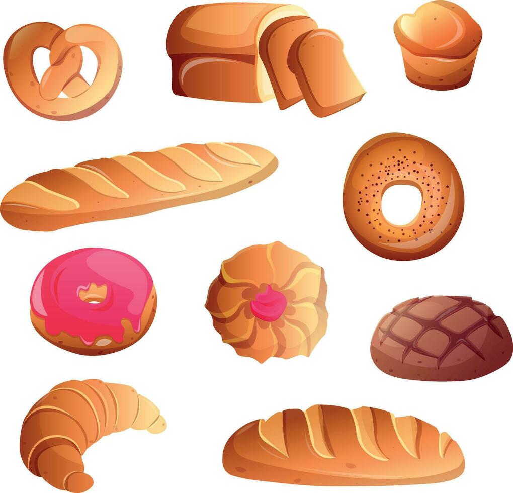 Set of bakery breads and fresh pastries. Cartoon bread vector illustration, icons. Bakery products, roll baguette, bread loaf and toast, sweet donut, muffin, pretzel  and croissant.