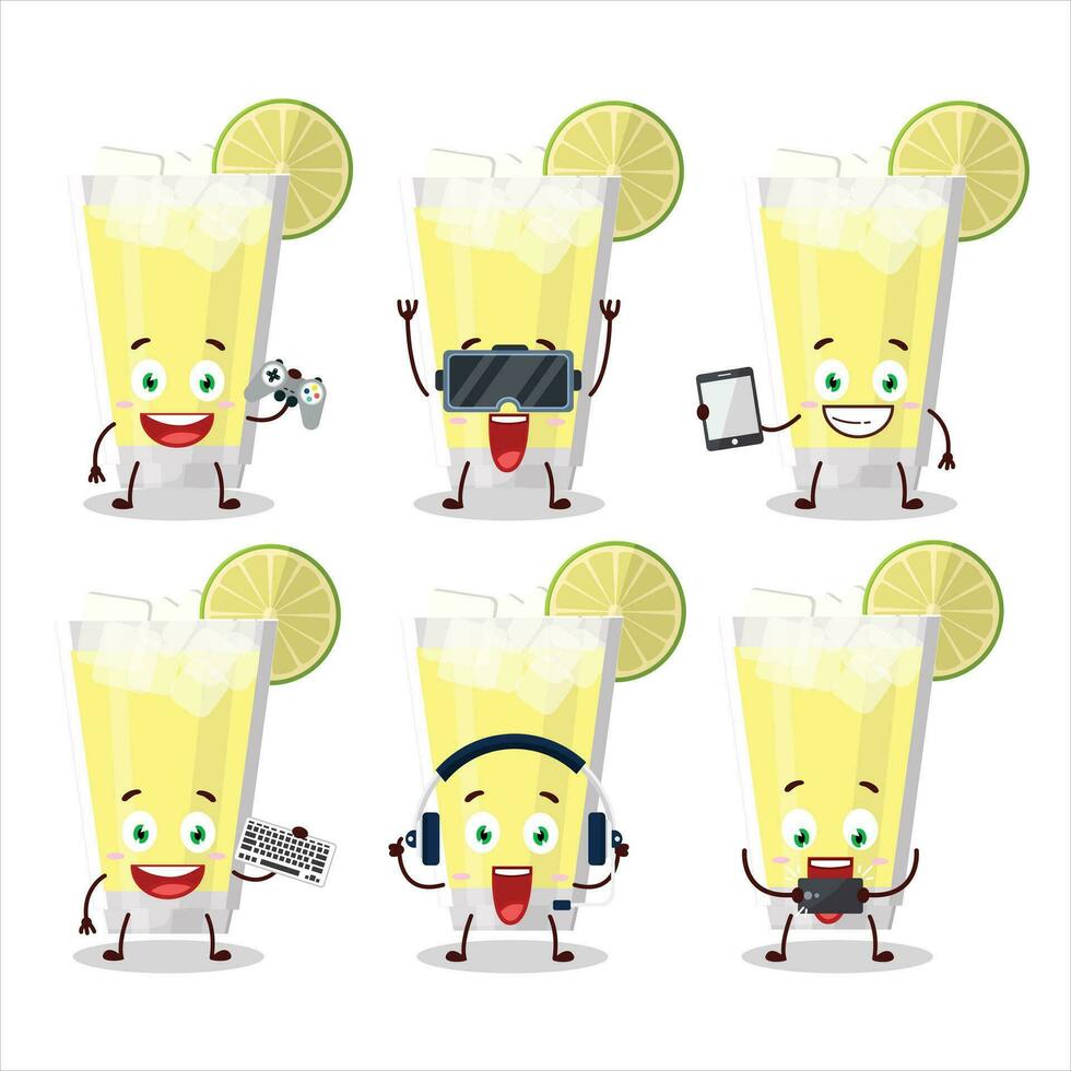 Lemonade cartoon character are playing games with various cute emoticons vector