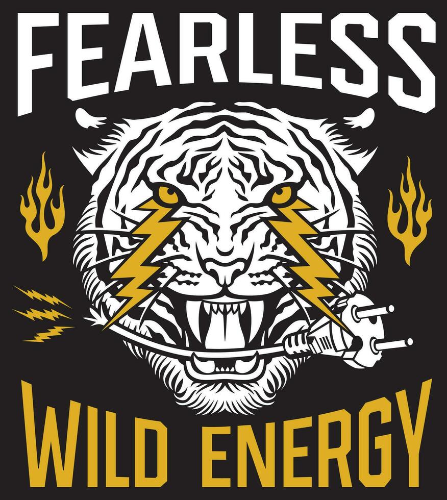 Fearless. Wild Energy. Tiger Face with Lightning Bolts Color. Vector Illustration.